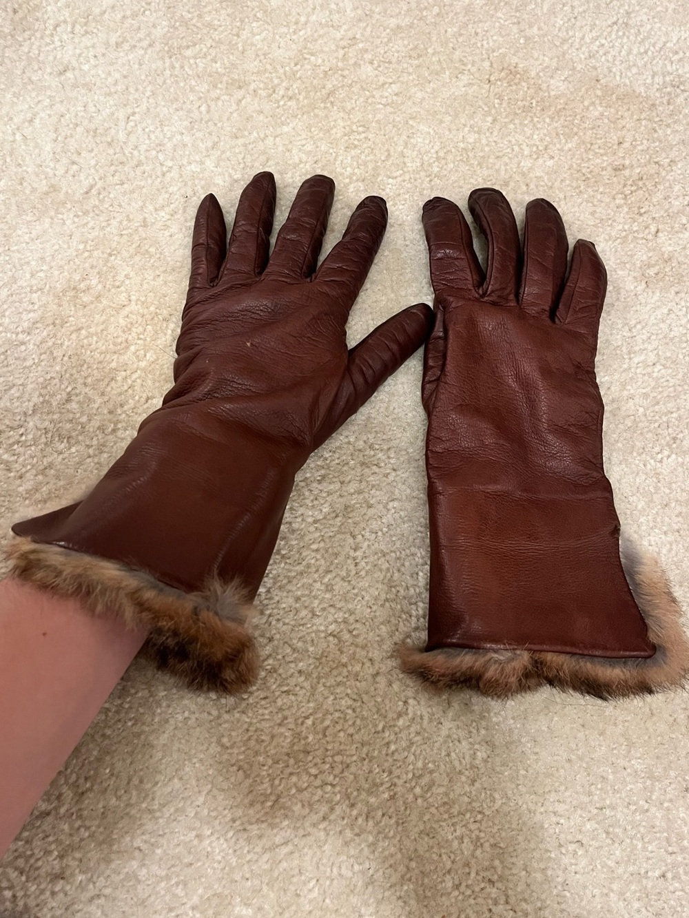 Vintage Brown Leather Gloves with Fur Trim - Women